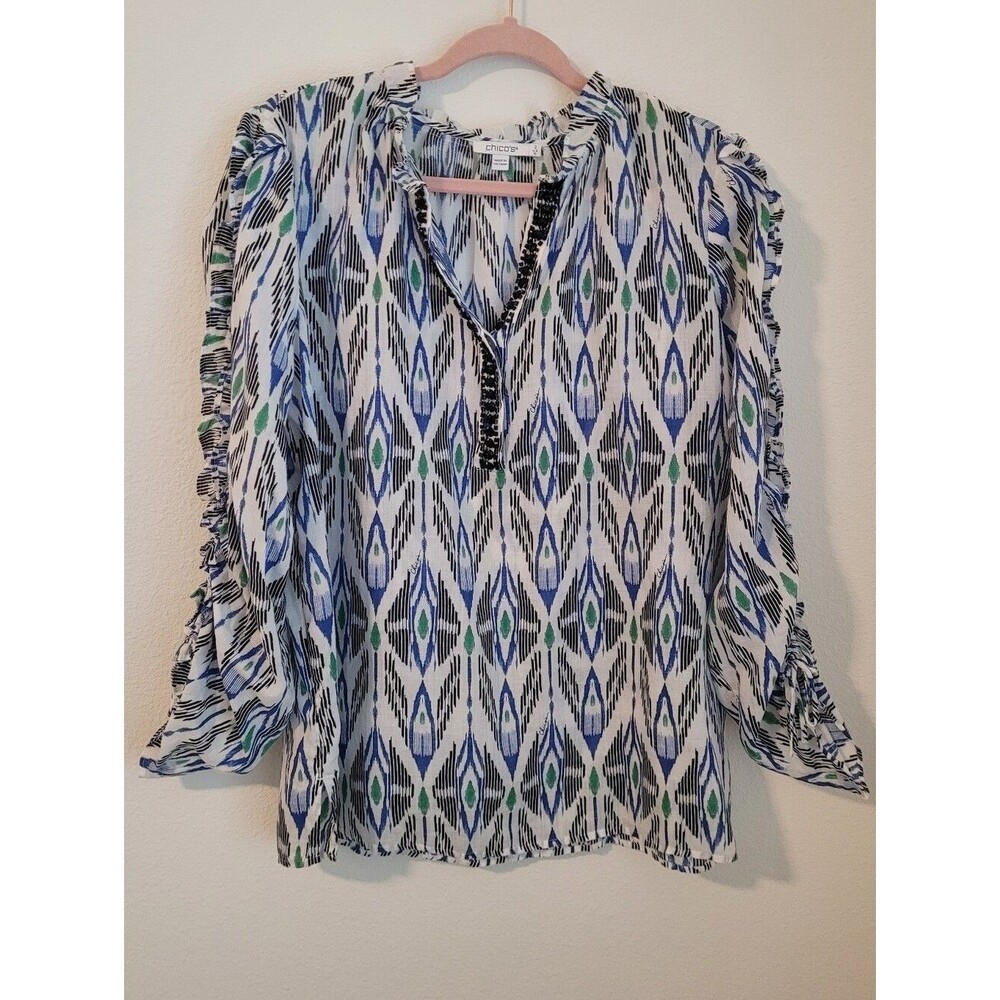Chico's Ikat Print Beaded Split-Neck Blouse Ramie Lyocell Sz 2 US 12 Resortwear